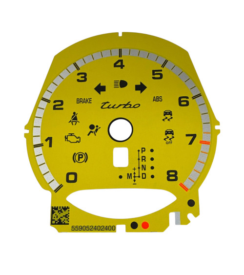 Façade compte-tours jaune Porsche 991 8000 tours tiptronic version MPH