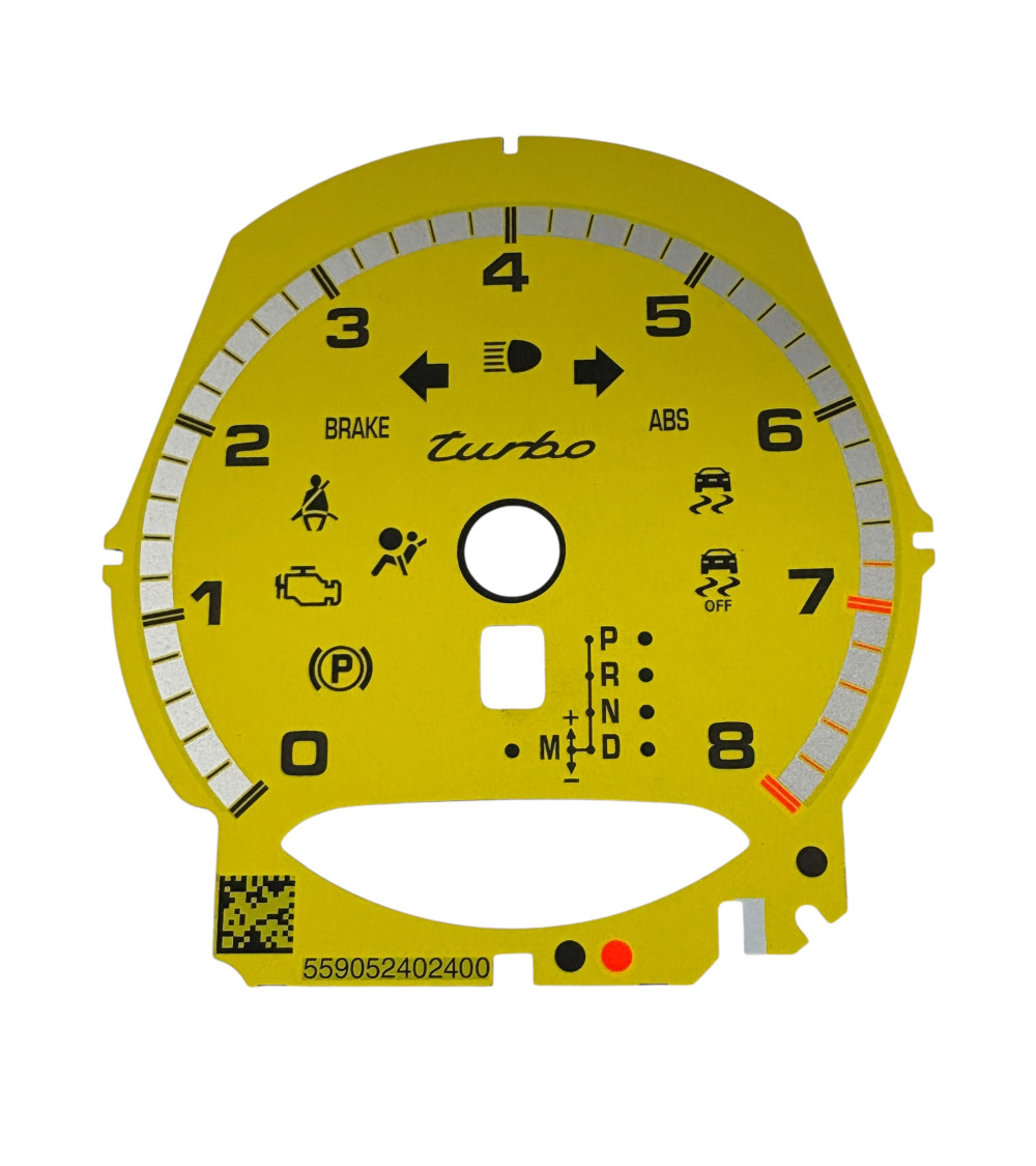 Façade compte-tours jaune Porsche 991 8000 tours tiptronic version MPH
